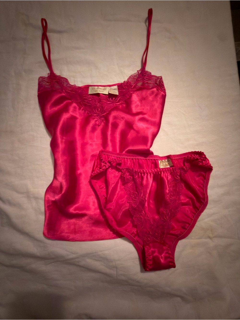 90’s Victoria's Secret Satin Lace Cami and Brief Set - Fuchsia Pink